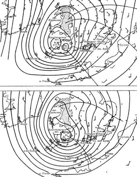 Рис. 38. Синоптические карты развития шторма в проливе Ла-Манш 29 июля 1956 г.: в - 6.00; г - 7.00. (показана траектория циклона с 0.00 до 12.00 29 июля).