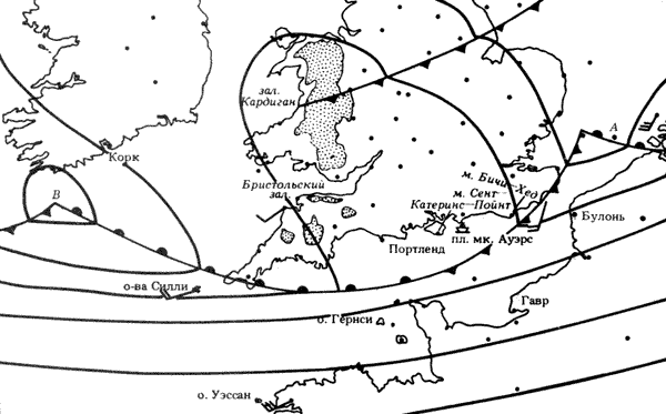 Рис. 42. Фронтальные волны в 12.00 25 июля 1954 г.